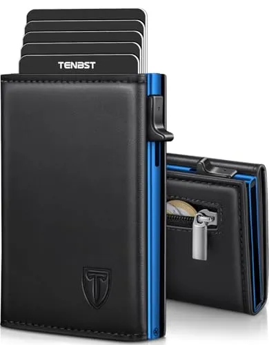 TENBST Geldbörse Herren, Premium Portmonee Herren mit RFID Schutz, Slim Geldbörse Münzfach, Kartenetui mit 10 Fächern, smart Wallet，Geschenke zum Vatertag - Blau-Schwarz