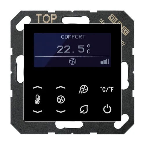 Jung TRDA5248SW KNX Raumtemperaturregler Fan Coil, schwarz - KNX Raumtemperaturregler für effiziente Temperaturregelung in modernen Gebäuden, ideal für die Integration in Smart Home Systeme.