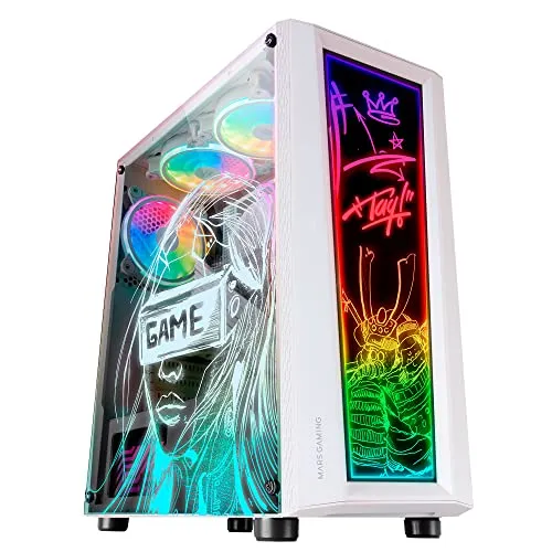 Mars Gaming MC-Art Weiß, PC Gaming ATX Gehäuse, Doppelt Zeichnbar Gehärtetes Glas, ARGB 12 Mode, 12cm Lüfter, MCARTW