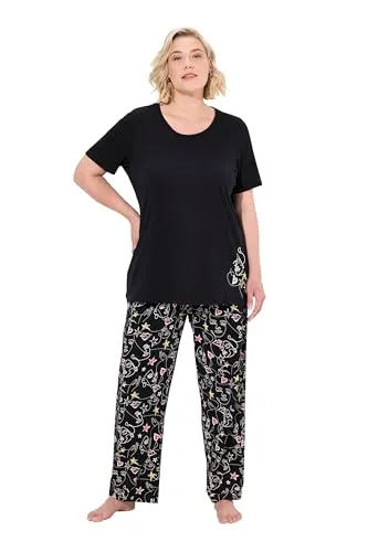 Ulla Popken Damen Pyjama, Zweiteiler, Scribble-Herz, Halbarm, Lange Hose Pyjamaset, Schwarz, 42-44 EU
