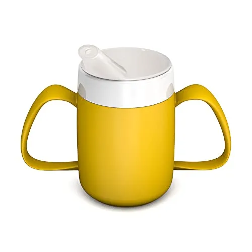 Ornamin 2-Henkel-Becher Pflegebecher mit Schnabelaufsatz für Senioren & Pflegebedarf | gelb | Trinkbecher | Trinkhilfe | Schnabelbecher | Ergonomischer Becher