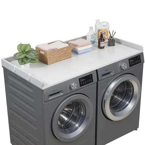 VEVOR Arbeitsplatte für Waschmaschine und Trockner (137 x 69,9 cm) - Stabil und Praktisch - Multifunktionale Arbeitsplatte zur Organisation von Waschutensilien mit erhöhtem Rand und Haken. Robuste Konstruktion bis 113 kg belastbar, ideal für effizientes Wäschemanagement in jedem Raum.