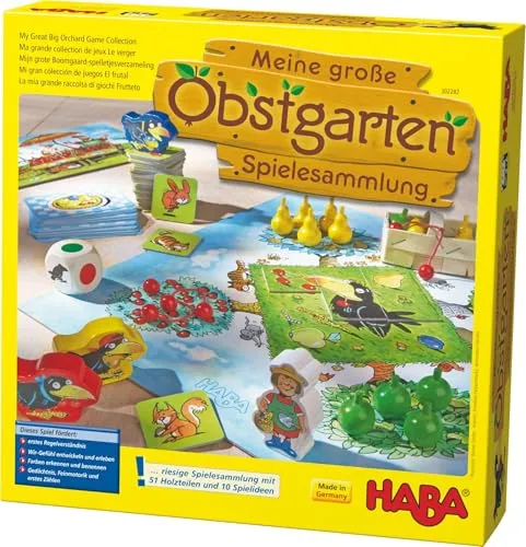Haba 302282 - Meine große Obstgarten-Spielesammlung - Gesellschaftsspiele mit 10 abwechslungsreichen Spielideen, die Gedächtnis und Wortschatz bei Kindern ab 3 Jahren fördern. Hochwertige Holz- und Kartonteile garantieren langlebigen Spielspaß.