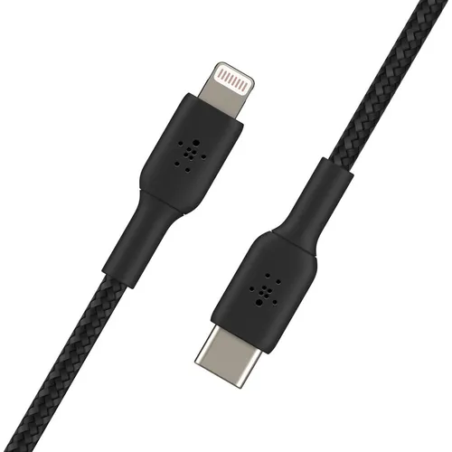 Belkin BoostCharge™ Braided Lightning auf USB-C Kabel - 2 Meter - Schwarz - Handykabel mit 2m Länge, ideal für schnelles Laden und Datensynchronisation. Das geflochtene Design sorgt für extreme Haltbarkeit und übersteht über 10.000 Biegungen.