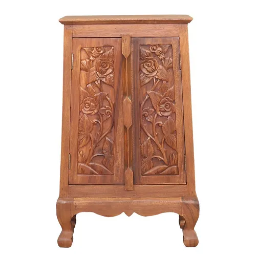 Flurschrank Braun Barock Holz Schrank 80cm - Schrank für Flur oder Wohnzimmer, aus handgefertigtem Akazienholz im orientalischen Stil, bietet rustikalen Charme und praktischen Stauraum mit 2 Türen und 2 Regalfächern.