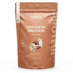 nutri+ Protein Pulver Vegan 3K - 1000 g - Vegan Proteinpulver für optimale Leistung mit über 80 % Eiweiß. Ideal für Muskelaufbau und Definitionsphase, frei von Laktose und künstlichen Zusätzen.