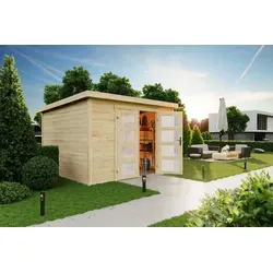 Gartenhaus Blockhaus Holzhaus ZAMBEZI 6 - Modernes Design aus 28 mm Holz - Gartenhaus, modernes Design aus naturbelassenem Holz, einfach zu montieren und anpassbar durch Lackierbarkeit. Ideal für Ihren Garten!