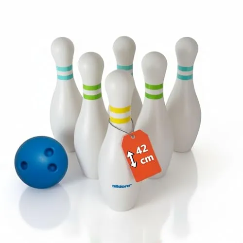 alldoro 60131 XXL Bowling Set - 6 befüllbare Pins und 1 Kugel für Kinder - Bowling Spielset für Kinder ab 3 Jahren, 6 befüllbare Pins (42 cm) für stabilen Stand und eine perfekte Kugel für drinnen und draußen. Ideal für Geburtstagsfeiern und Familienausflüge!