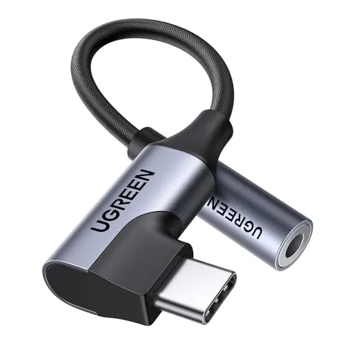UGREEN USB C auf 3,5mm Klinke 90 Grad Winkel Adapter auf Klinke, USB C auf 3.5mm Kopfhörer Adapter mit DAC Chip kompatibel mit iphone17/17 air/17pro/17pro max, Galaxy S 25 Serie, iPad, Mac