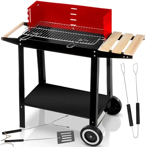 Five-Star Grill&Chill Holzkohlegrill mit verchromtem Doppelrost - Emaillierte Feuerschale für optimales Grillvergnügen – mobil mit Rädern, 4-fach höhenverstellbar und ideal für Garten, Balkon oder Camping. Inklusive praktischem Zubehör für den schnellen Grillstart.