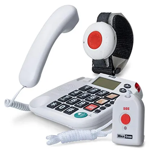 MaxCom KXTSOS: Seniorentelefon mit Funk-Notruf-Sender - Festnetztelefon für Senioren mit großen Tasten, hörgerätekompatibel und inkludiert einen praktischen Arm- und Halsbandsender für mehr Sicherheit.
