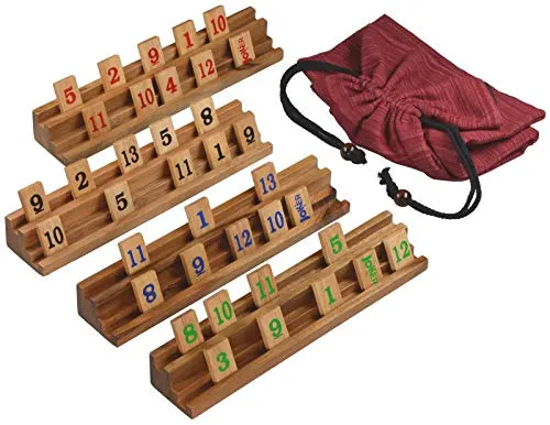 LOGOPLAY Rummy - Legespiel für 2-4 Spieler, 108 Spielsteine und Halterungen aus edlem Holz im praktischen Stoffbeutel