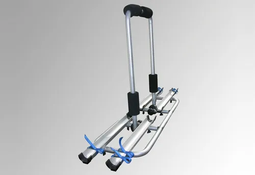 LAS 11807 Deichsel-Fahrradträger für 2 Fahrräder - Fahrradträger für Wohnwagen, abklappbar mit schwenkbarem U-Bügel für einfachen Zugang zum Flaschenkasten und verstellbaren Aluminium-Schienen für optimale Anpassung.