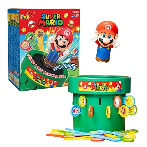 TOMY Super Mario - Pop Up T73538 - Spannendes Schiebespiel mit Mario! Sei strategisch und schiebe deine Schwerter, um Mario aus der Röhre zu katapultieren. Ideal für 2-4 Spieler und garantiert Spaß für die ganze Familie.
