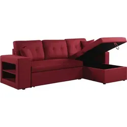 Ecksofa "Axel" mit Schlaffunktion - 3-Sitzer - Rot/Gelb - Das Ecksofa 'Axel' vereint Stil und Funktionalität. Mit integrierten Regalen und einer praktischen Schlaffunktion ist es ideal für jedes Wohnzimmer. Genießen Sie modernen Komfort und cleveren Stauraum!