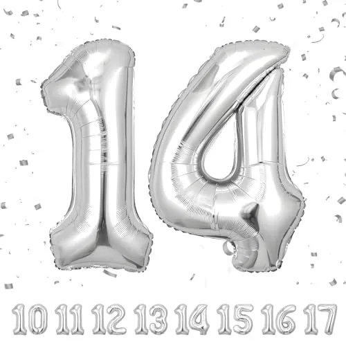 Geburtstag zahlen luftballon 14 jahre | Folienballon Sliber- Folienballon in 40"-101cm Geburtstagsdeko - Ballon Zahl Deko zum Geburtstag fliegt mit Helium für Mädchen Junge 14.Geburtstags