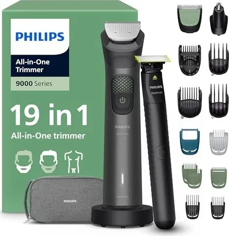 PHILIPS MG9556/15 All-in-One 9000 Series - Multigroomer mit 19 Aufsätzen, OneBlade-Technologie für präzise Konturen und Hautschonung, ideal für Bart- und Körperpflege.