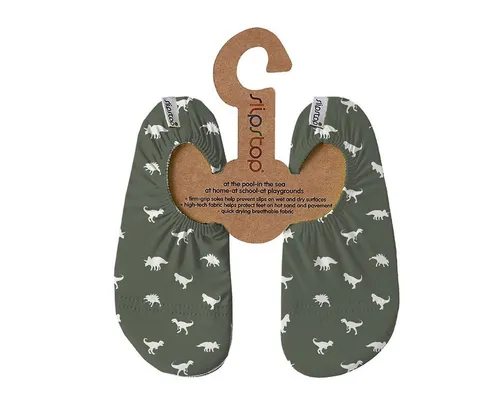 Slipstop Dino Green Badeschuhe EUR 21-23 (XS) - Kinder-Badeschuhe in grünem Dino-Design, rutschfest und ideal für sicheren Wasserspaß am Strand oder im Schwimmbad.