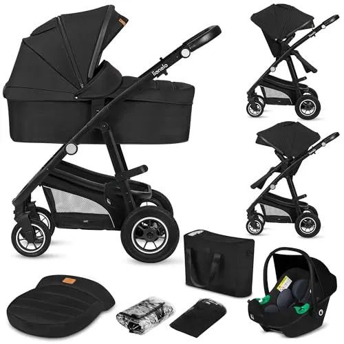 lionelo Kombi-Kinderwagen BIANKA 3 IN 1 - Black Onyx, hochwertig und vielseitig mit aufblasbaren Rädern und umfangreichem Zubehör