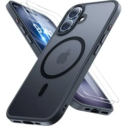 Miracase Magnetisch für iPhone 16 Hülle für Magsafe[mit 2 Schutzglas] Militärschutz Stoßfest Kratzfest Anti-Fingerabdruck Samtige Haptik Dünn Handyhülle für iPhone 16 6,1 Zoll, Schwarz