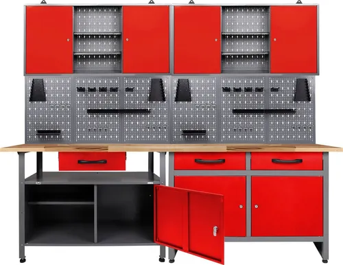 Werkstatt-Set ONDIS24 - Vielseitige Werkbanklösung - Werkstatteinrichtung mit 2 Werkbänken und 2 Schränken, belastbar bis 990 kg. Ideal für Hobby und professionelle Nutzung, inklusive abschließbaren Schränken und verstellbaren Füßen.