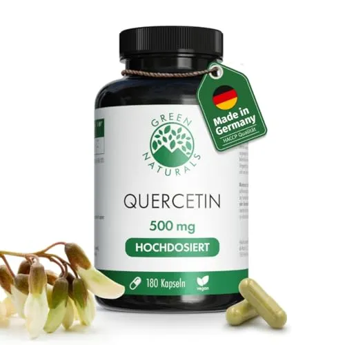 Green Naturals® Quercetin Kapseln – Hochdosiert: 500 mg mit natürlichem Japanischen Schnurrbaum (Sophora Japonica) – 100% Vegan & ohne Zusätze – 180 Kapseln (6 Monate)
