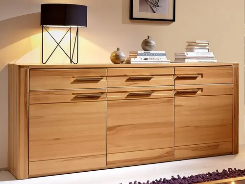 möbelando Sideboard Highboard Anrichte Kommode Schrank Nature Plus I - Buffet mit 3 Holztüren und 3 Schubkästen, aus hochwertigem Massivholz und modernem Design, ideal für stilvolle Aufbewahrung in Ihrem Wohnraum.