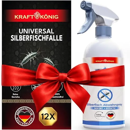 KRAFTKÖNIG Silberfisch Spray 500 ml + 12x Silberfischfalle Set – Silberfische bekämpfen & Papierfische bekämpfen – Sofortwirkung & Langzeitschutz – Stoppt Neubefall in Bad, Küche & Keller
