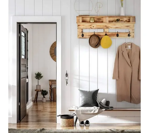 K&L Wall Art Wandgarderobe Palettenmöbel - Garderobenpaneele aus massivem Kiefernholz, vintage Design, ideal zur stilvollen Aufbewahrung von Kleidung und Accessoires.