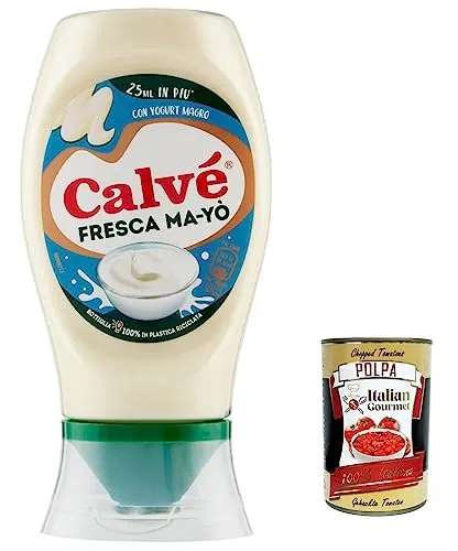 3x Calvé Maionese Fresca Ma-Yò Mayonnaise mit fettarmem Joghurt und 55% weniger Fett*, ideal für Reissalate, kalte Kartoffeln und große Salate 250 m + Italian Gourmet polpa 400g