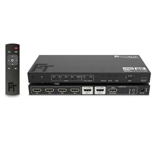 FeinTech AX341 HDMI 2.1 eARC Splitter Switch 4 In 2 Out - Verbinde bis zu vier HDMI-Geräte mit zwei Displays. Ideal für TV & Projektor. Unterstützt 8K 60Hz, Auto-Switching und CEC-Steuerung für einfachen Gebrauch.