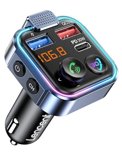 LENCENT Bluetooth 5.3 FM Transmitter - Drahtloser Radio Adapter mit Schnellladung - FM-Transmitter mit 3D-Stereo-Audioeffekt, PD 30W und QC3.0 Schnellladung für bis zu 2 Geräte. Ideal für sicheres Freisprechen und Musikgenuss im Auto.
