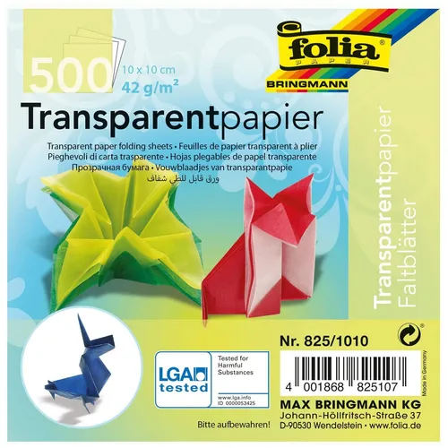 folia Transparentpapier Faltblätter 10x10 cm 42g/m² 10 Farben 500 Blatt 825/1010