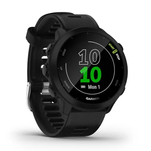 Garmin Forerunner® 55 - GPS-Laufuhr für alle Fitnesslevels - GPS-Laufuhr mit einfacher Bedienung, ideal für Läufer. Verfolge deine Statistiken und profitiere von einer Akkulaufzeit von bis zu 2 Wochen. Integrierte Sport-Apps und personalisierte Trainingspläne helfen dir, deine Ziele zu erreichen.