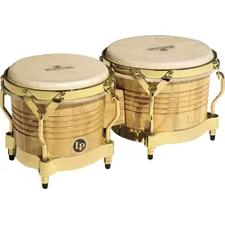 LP Latin Percussion Matador Wood Bongo mit Gold Hardware - Bongos aus siamesischer Eiche mit natürlichen Fellen, ideal für authentischen Klang und stilvolles Design, perfekt für Musiker und Enthusiasten.