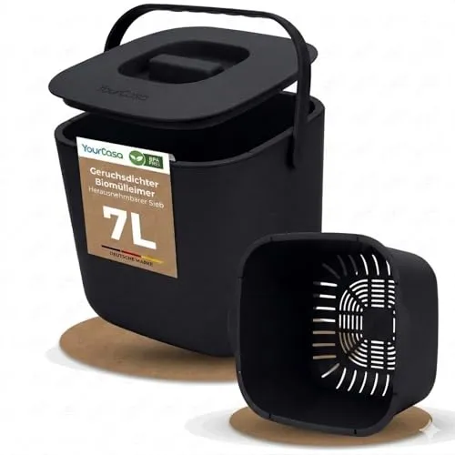 YourCasa Biomülleimer 7 l – Spülmaschinenfester Komposteimer für die Küche - Praktischer 7 l Komposteimer mit Sieb, ideal für den täglichen Biomüll. Spülmaschinenfest und in elegantem Schwarz – perfekt für eine saubere Küche.