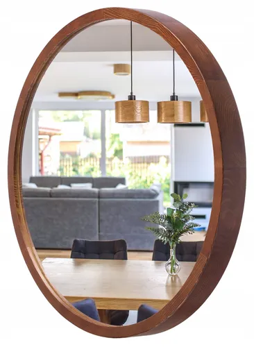 STOLARNIA PIKA Runder Wandspiegel aus Kiefernholz (∅47 cm) - Eleganter Badspiegel in Walnuss - Der stilvolle runde Wandspiegel LEJA mit hochwertigem Kiefernholzrahmen ist ideal für Badezimmer, Flur oder Schlafzimmer. Sein minimalistisches Design und die warme Holzoptik schaffen ein harmonisches Ambiente in jedem Raum.