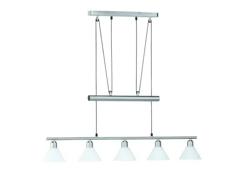 Trio Jojo-Balkenpendel 5-flammig, Nickel matt - Elegante Pendelleuchte in Nickel matt mit opalen Gläsern, stufenlos höhenverstellbar von 80cm bis 180cm, ideal für stilvolle Wohnräume.