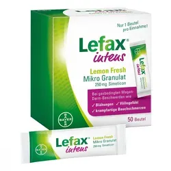Lefax intens Lemon Fresh 250 mg Granulat - Praktisches Mikro Granulat zur schnellen Linderung von gasbedingten Magen-Darm-Beschwerden. Mit erfrischendem Zitronen-Geschmack, ideal für unterwegs und gut verträglich.