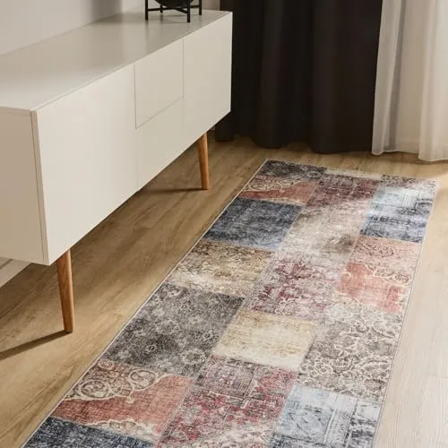 benuta Basic Waschbarer Teppich George - Multicolor 80x240 cm - Vintage-Style - Vielseitiger Vintage-Teppich für Wohnzimmer, Schlafzimmer oder Flur. Pflegeleicht und waschbar bei 30°, ideal für jeden Haushalt. Die Anti-Rutsch-Rückseite sorgt für sicheren Halt auf verschiedenen Böden.
