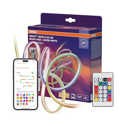 OSRAM SMART WIFI NEON FLEX LED-Streifen 3M, WLAN steuerbar, Magic RGB - Flexibler LED-Streifen mit RGB-Farbsteuerung und einfacher Installation. Ideal für Gärten und Balkone. Genießen Sie vielfältige Lichteffekte in warmweiß und bunten Farben.