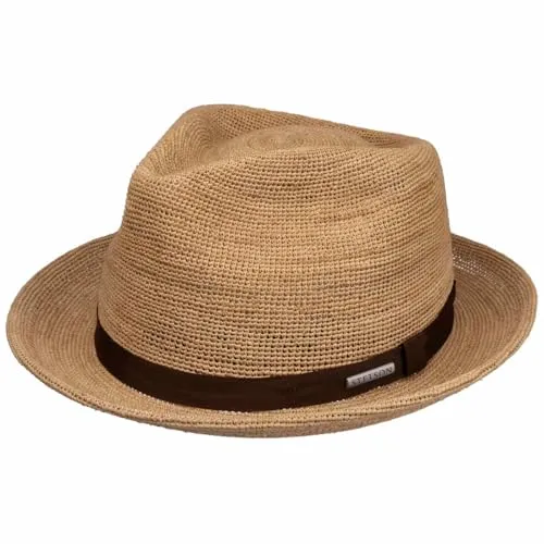 Stetson Sondova Crochet Raffiahut - Naturfarbener Player Hut für Herren & Damen - Hochwertiger Raffiahut aus 100% natürlichem Material für ausgezeichnete Luftzirkulation. Der Vintage-Traveller-Stil und die schmale Ripsbandverzierung machen ihn zum idealen Begleiter für sonnige Tage.