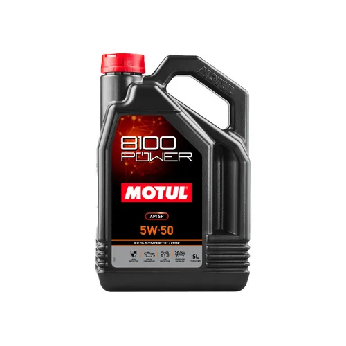 MOTUL 8100 POWER 5W50 Motoröl 5L für Ford - Hochwertiges synthetisches Motoröl mit exzellenter Hochtemperaturbeständigkeit, optimal für leistungsstarke Benzin- und Dieselmotoren, geeignet für Ford WSS M2C 931 C.