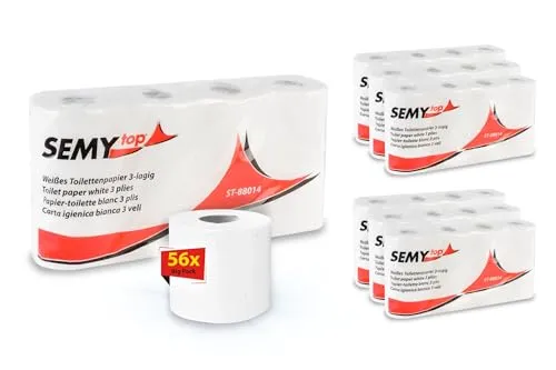SemyTop Toilettenpapier 3-lagig, 56 Rollen - Hochwertige Hygiene für Ihr Bad - Toilettenpapier Großpackung mit 3-lagigem Zellstoff, weicher und reißfester Qualität. Ideal für Hotels und Gastronomie, sorgt für Komfort und perfekte Hygiene.