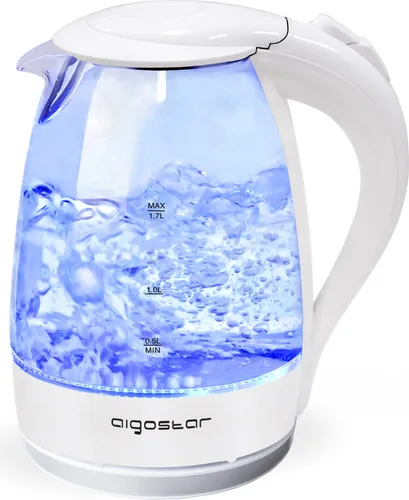 Aigostar Eve Wasserkocher 1,7 Liter - Glas mit LED-Beleuchtung - Wasserkocher aus hochwertigem Borosilikatglas mit 2200 Watt Leistung und 360° Basis. Genießen Sie sicheres Kochen mit automatischer Abschaltung und modernem Design.