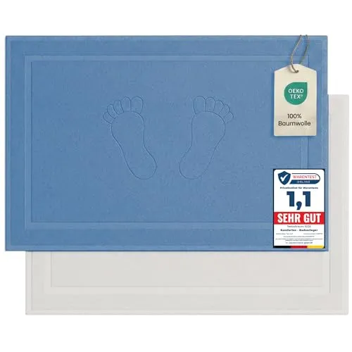 Komfortec 2er Badvorleger aus 100% Baumwolle, 800 GSM, Waschbar, Badematte, Badteppich, Saugfähig, Frottee, 50x80 cm, Weiß/Hellblau