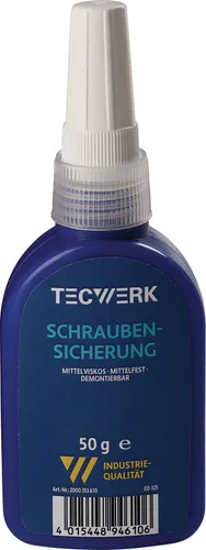 Tecwerk Schraubensicherung 50g - Mittelfest und Zuverlässig - Kompakte Schraubensicherung zur einfachen und dauerhaften Absicherung von Verbindungen. Härtet schnell aus und ersetzt herkömmliche Befestigungsmethoden. Ideal für den professionellen Einsatz im Baumaterialbereich.