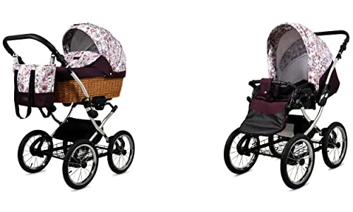 Babylux® Classic Exclusive 2in1 Kinderwagen Set – Maroon Flowers - Multifunktionaler 2in1 Kinderwagen aus leichtem Aluminium mit verstellbarem Verdeck. Ideal für Neugeborene und Kleinkinder bis 15 kg, bietet er höchsten Komfort und Sicherheit auf jedem Ausflug.