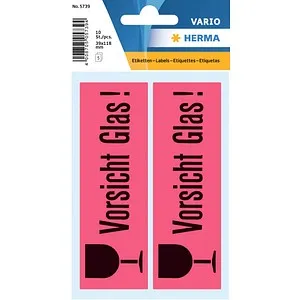 HERMA Warnetiketten 5739 rot "Vorsicht Glas!" 39,0 x 118,0 mm, 10 Etiketten