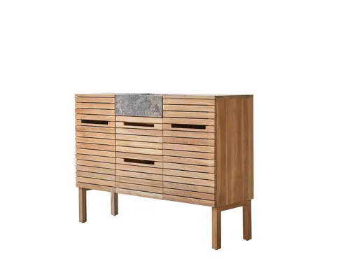 Tikamoon Waschtisch aus Teakholz mit Marmor Waschbecken 125 Slats - Eleganter Waschtisch aus feuchtigkeitsresistentem Teakholz und edlem Marmor. Mit 2 Türen und 2 Schubladen bietet er viel Stauraum und wertet Ihr Badezimmer stilvoll auf.